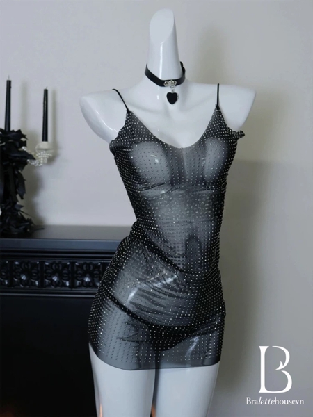 Váy ngủ lấp lánh xuyên thấu cổ đổ Shimmer Dress S2644 form suông Bralettehousevn