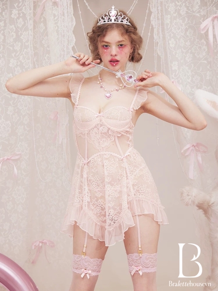 Kèm quần và dây đai] Đầm váy ngủ nữ ren cao cấp Nerves Dress S2519 xuyên thấu dây rũ cánh tiên nữ tính cut out form xoè Bralettehousevn