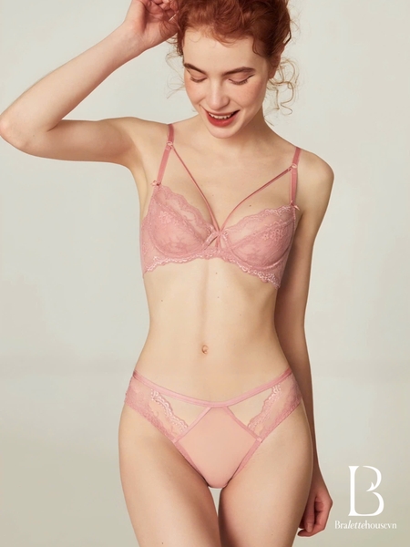 Set đồ lót ren nữ Lace Creamy Bra Set S652 kiểu 2 dây chéo xuyên thấu gợi cảm cao cấp kèm quần có gọng Bralettehousevn