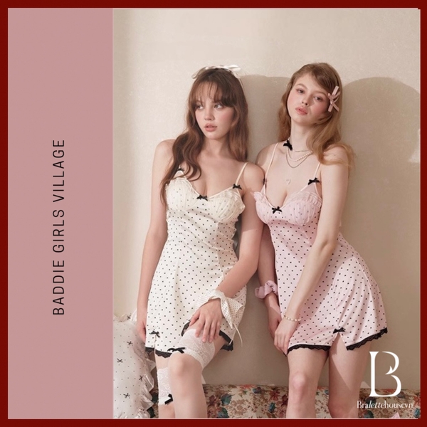 Đầm váy ngủ satin cao cấp Aishi Dress S2617 chấm bi retro nữ tính form xoè nhẹ gợi cảm trẻ trung Bralettehousevn