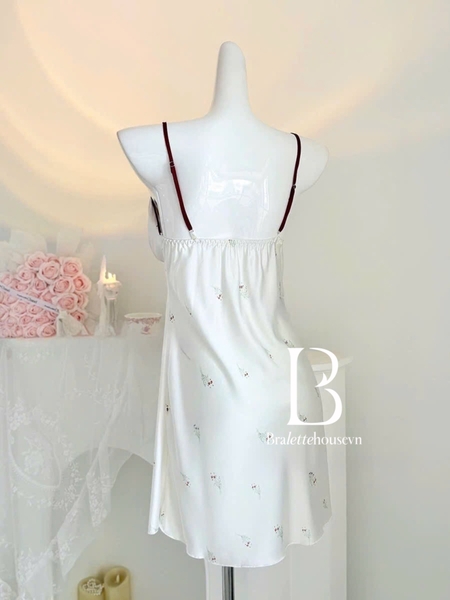 Đầm váy ngủ lụa satin cao cấp Wuci Dress in hoạ tiết hoa cherry dễ thương nữ tính mùa hè Bralettehousevn
