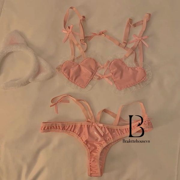 [CHE TÊN - HOẢ TỐC] Bộ đồ lót nữ trái tim S1869 HOLD MY HEART SET chất da PU kèm quần Bralettehousevn