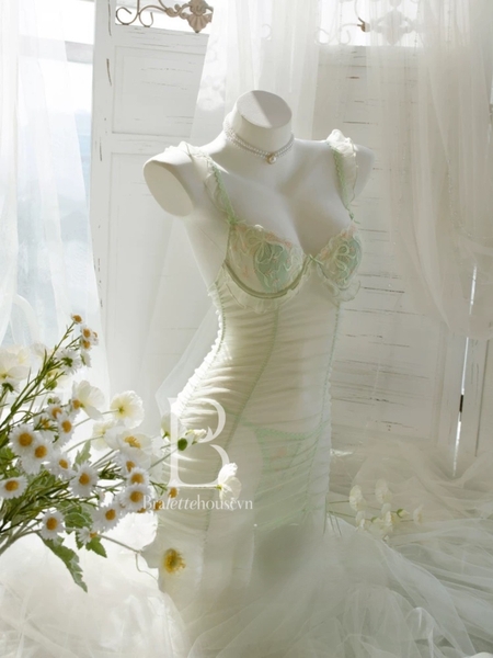 [Kèm quần] Đầm váy ngủ nữ cao cấp Mint Dress S2517 xuyên thấu phối ren có sẵn mút đệm cánh tiên form ôm tôn dáng Bralettehousevn