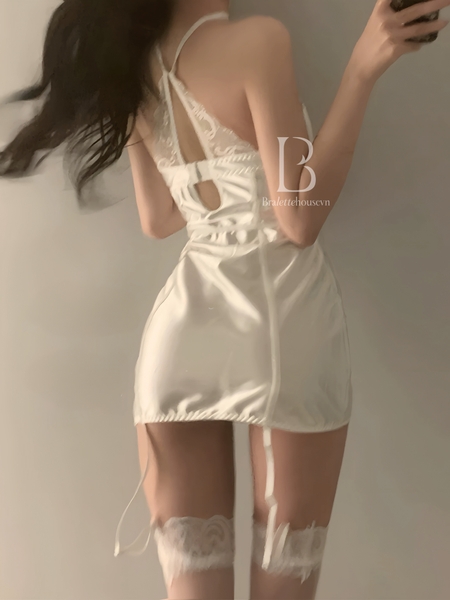 [Kèm dây đai] Shiny Set S2302 đầm cúp ngực satin phối ren cao cấp thiết kế choker quyến rũ gợi cảm sang trọng Bralettehousevn