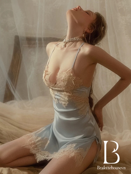 Đầm ngủ satin nữ Jammy Dress S2593 phối ren da cao cấp gợi cảm sang trọng nữ tính Bralettehousevn