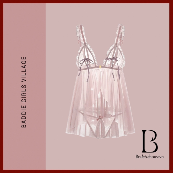 (CHE TÊN - HOẢ TỐC]  Váy đầm ngủ voan kèm quần S1682 Rubiwuu Dress cài trước xẻ tà Bralettehousevn