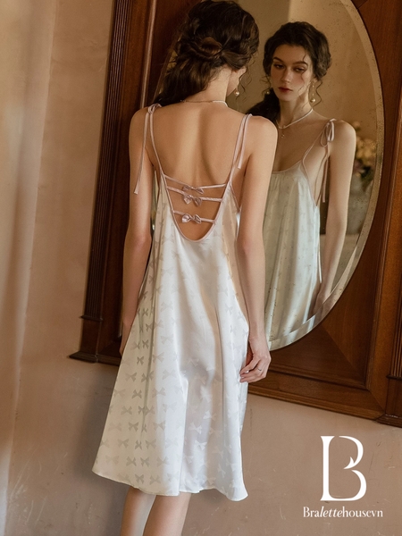 Váy ngủ satin cao cấp nữ Seli Dress S2561 mặc được 2 kiểu babydoll nữ tính thoải mái đính nơ cột dây Bralettehousevn