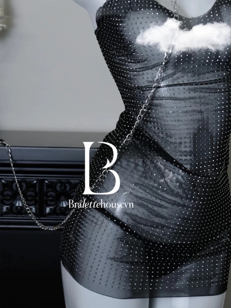 Váy ngủ lấp lánh xuyên thấu cổ đổ Shimmer Dress S2644 form suông Bralettehousevn