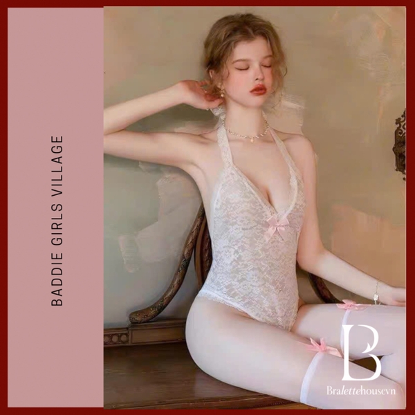 Bộ đồ liền thân ren kèm dây ngọc Uta Bodysuit phối nơ hồng gơi cảm khoét lưng Bralettehousevn