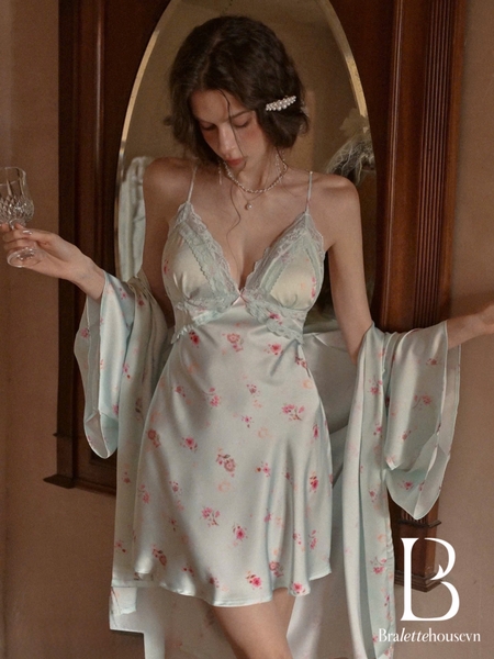 Đầm váy ngủ satin cao cấp Blomma Dress S2630 in hoa mềm mại phối ren sang trọng nữ tính Bralettehousevn
