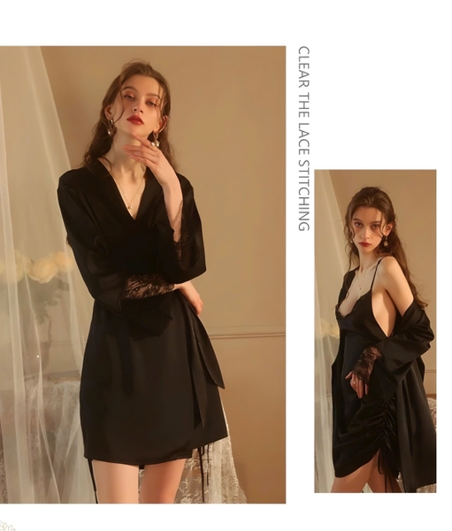 Choàng ngủ nữ Aki Kimono S2239 satin phối ren gợi cảm Bralettehousevn