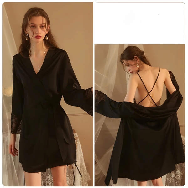 Choàng ngủ nữ Aki Kimono S2239 satin phối ren gợi cảm Bralettehousevn