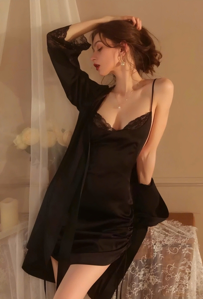 Choàng ngủ nữ Aki Kimono S2239 satin phối ren gợi cảm Bralettehousevn
