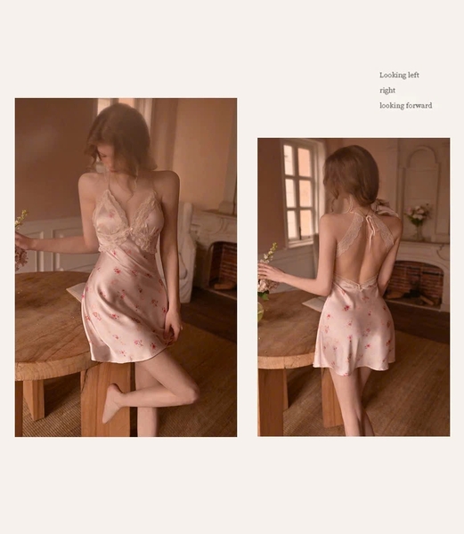 Đầm váy ngủ satin cao cấp Blomma Dress S2630 in hoa mềm mại phối ren sang trọng nữ tính Bralettehousevn