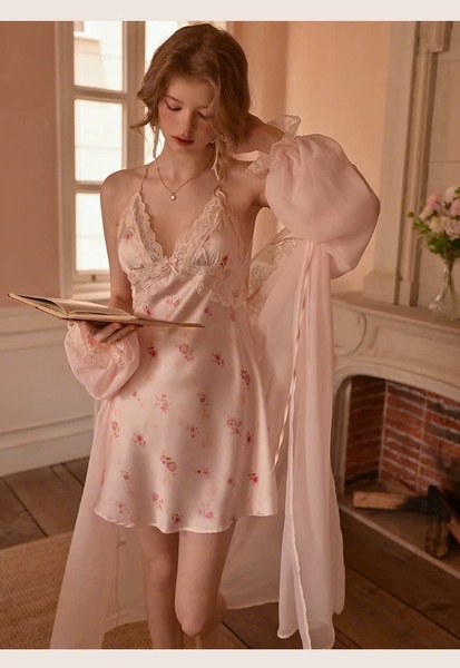 Đầm váy ngủ satin cao cấp Blomma Dress S2630 in hoa mềm mại phối ren sang trọng nữ tính Bralettehousevn