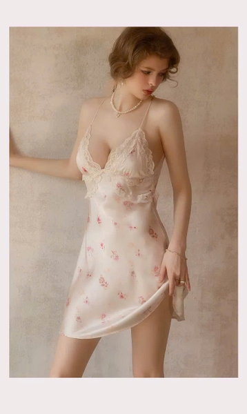Đầm váy ngủ satin cao cấp Blomma Dress S2630 in hoa mềm mại phối ren sang trọng nữ tính Bralettehousevn