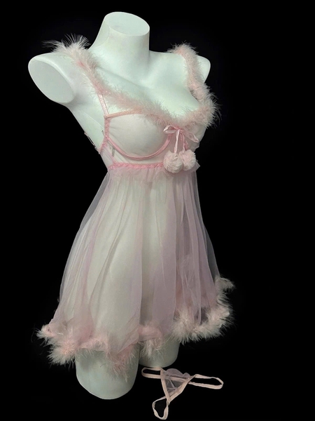 Đầm váy ngủ xuyên thấu phối lông Chemistry Dress S2675 công chúa tuyết tông hồng nữ tính gợi cảm Bralettehousevn