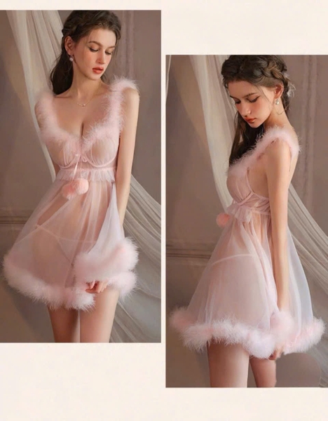 Đầm váy ngủ xuyên thấu phối lông Chemistry Dress S2675 công chúa tuyết tông hồng nữ tính gợi cảm Bralettehousevn