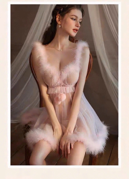 Đầm váy ngủ xuyên thấu phối lông Chemistry Dress S2675 công chúa tuyết tông hồng nữ tính gợi cảm Bralettehousevn
