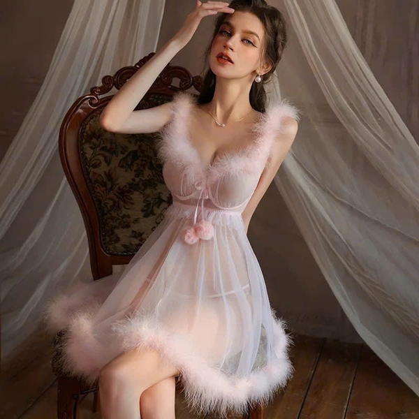 Đầm váy ngủ xuyên thấu phối lông Chemistry Dress S2675 công chúa tuyết tông hồng nữ tính gợi cảm Bralettehousevn