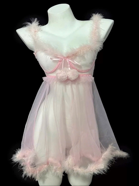 Đầm váy ngủ xuyên thấu phối lông Chemistry Dress S2675 công chúa tuyết tông hồng nữ tính gợi cảm Bralettehousevn