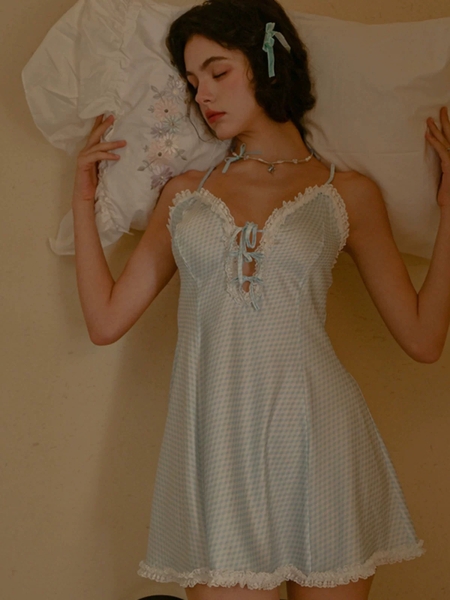 Đầm ngủ satin nữ Erza Dress S2420 cao cấp form xoè nhẹ ca rô xanh đáng yêu tươi trẻ Bralettehousevn