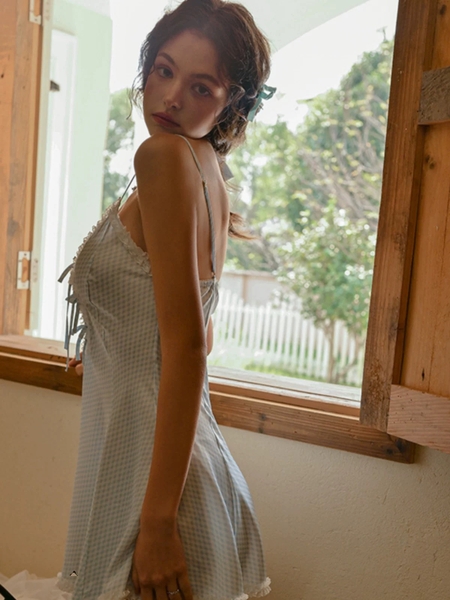 Đầm ngủ satin nữ Erza Dress S2420 cao cấp form xoè nhẹ ca rô xanh đáng yêu tươi trẻ Bralettehousevn