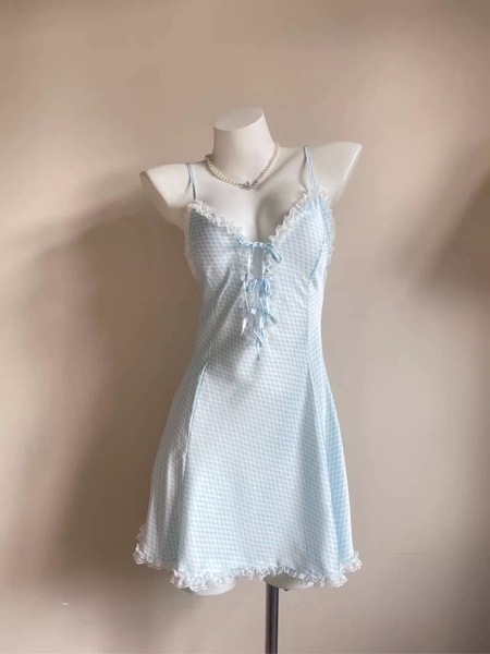 Đầm ngủ satin nữ Erza Dress S2420 cao cấp form xoè nhẹ ca rô xanh đáng yêu tươi trẻ Bralettehousevn