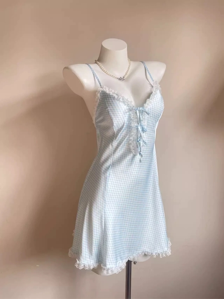 Đầm ngủ satin nữ Erza Dress S2420 cao cấp form xoè nhẹ ca rô xanh đáng yêu tươi trẻ Bralettehousevn