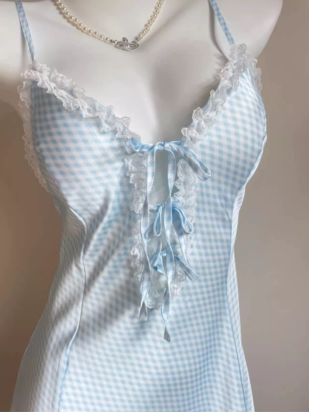 Đầm ngủ satin nữ Erza Dress S2420 cao cấp form xoè nhẹ ca rô xanh đáng yêu tươi trẻ Bralettehousevn