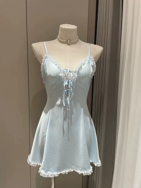 Đầm ngủ satin nữ Erza Dress S2420 cao cấp form xoè nhẹ ca rô xanh đáng yêu tươi trẻ Bralettehousevn