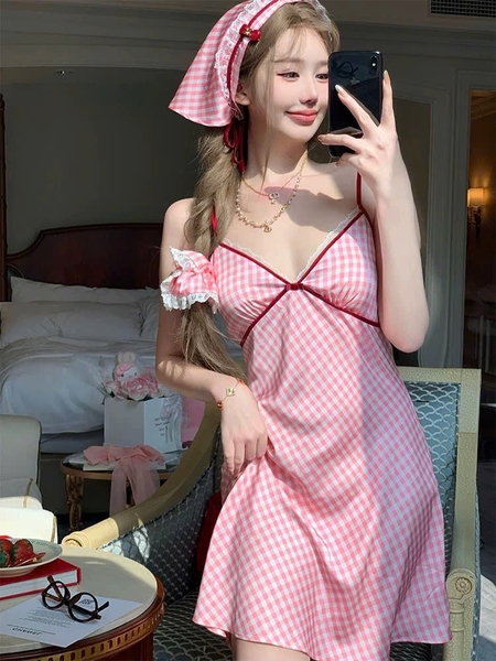 Đầm váy ngủ satin caro cao cấp Gomoku Dress S2693 phối nơ sau đáng yêu tiểu thư Bralettehousevn