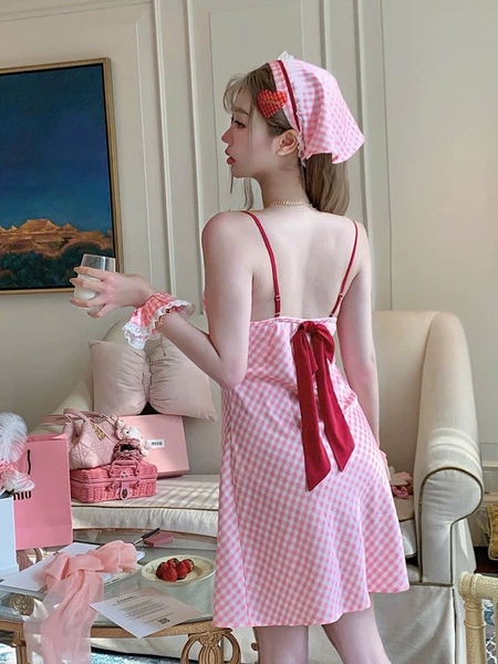 Đầm váy ngủ satin caro cao cấp Gomoku Dress S2693 phối nơ sau đáng yêu tiểu thư Bralettehousevn