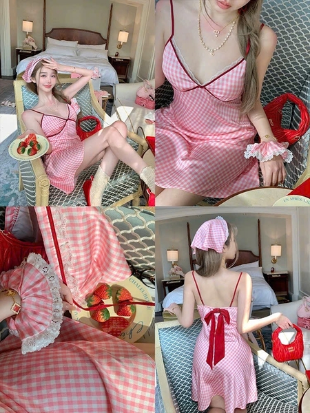 Đầm váy ngủ satin caro cao cấp Gomoku Dress S2693 phối nơ sau đáng yêu tiểu thư Bralettehousevn