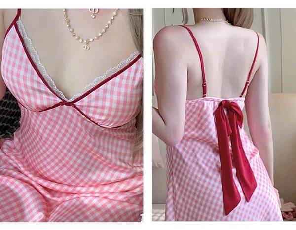 Đầm váy ngủ satin caro cao cấp Gomoku Dress S2693 phối nơ sau đáng yêu tiểu thư Bralettehousevn
