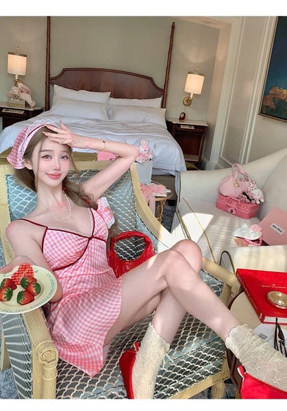 Đầm váy ngủ satin caro cao cấp Gomoku Dress S2693 phối nơ sau đáng yêu tiểu thư Bralettehousevn