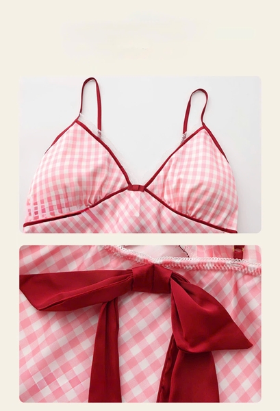 Đầm váy ngủ satin caro cao cấp Gomoku Dress S2693 phối nơ sau đáng yêu tiểu thư Bralettehousevn