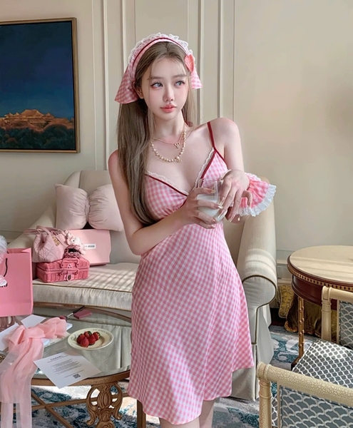 Đầm váy ngủ satin caro cao cấp Gomoku Dress S2693 phối nơ sau đáng yêu tiểu thư Bralettehousevn