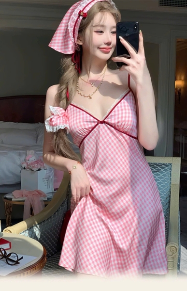Đầm váy ngủ satin caro cao cấp Gomoku Dress S2693 phối nơ sau đáng yêu tiểu thư Bralettehousevn