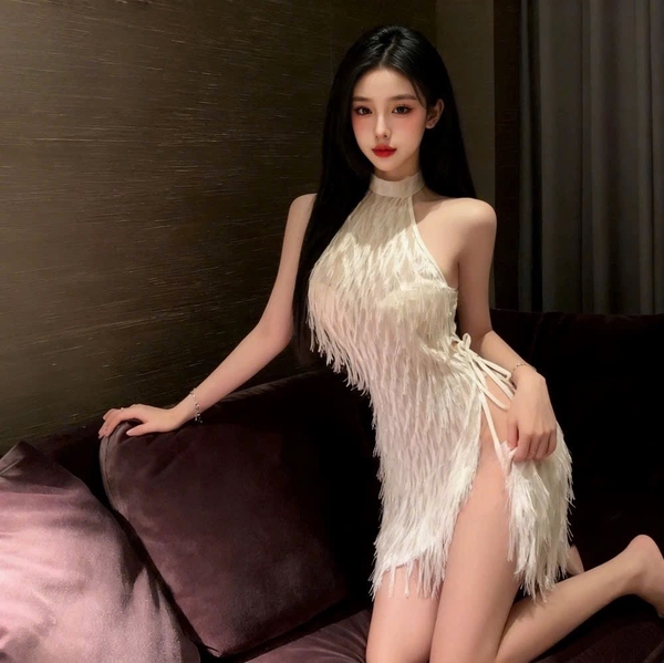 Đầm váy ngủ cổ yếm Fila Dress S2647 tua rua bắt sáng xẻ tà gợi cảm nữ tính kiêu sa Bralettehousevn