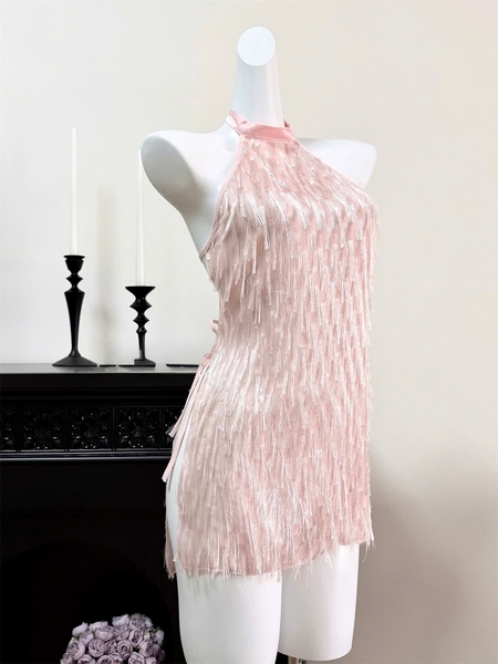 Đầm váy ngủ cổ yếm Fila Dress S2647 tua rua bắt sáng xẻ tà gợi cảm nữ tính kiêu sa Bralettehousevn