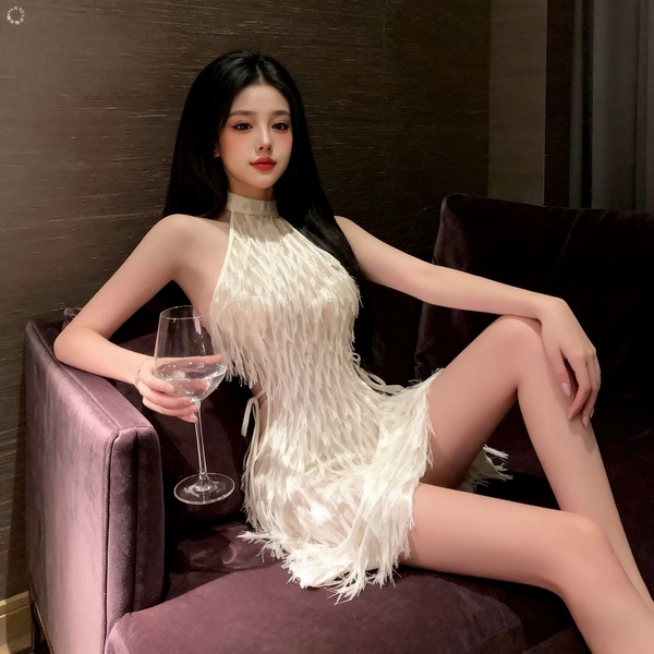 Đầm váy ngủ cổ yếm Fila Dress S2647 tua rua bắt sáng xẻ tà gợi cảm nữ tính kiêu sa Bralettehousevn