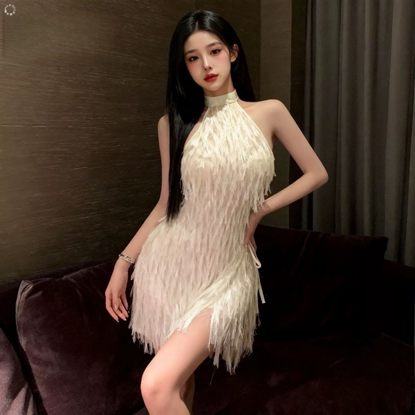 Đầm váy ngủ cổ yếm Fila Dress S2647 tua rua bắt sáng xẻ tà gợi cảm nữ tính kiêu sa Bralettehousevn