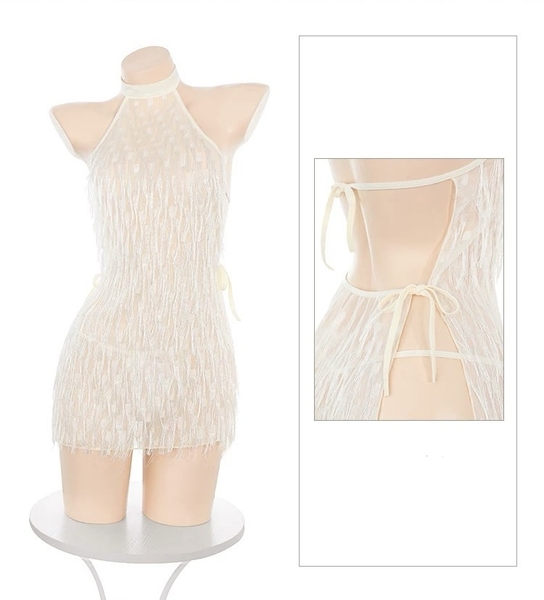 Đầm váy ngủ cổ yếm Fila Dress S2647 tua rua bắt sáng xẻ tà gợi cảm nữ tính kiêu sa Bralettehousevn