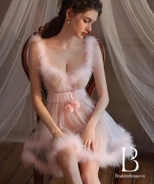 Đầm váy ngủ xuyên thấu phối lông Chemistry Dress S2675 công chúa tuyết tông hồng nữ tính gợi cảm Bralettehousevn