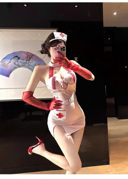 Bộ đồ cosplay y tá Caring Set S2676 kèm nón có gọng mút tôn dáng gợi cảm co giãn nhẹ Bralettehousevn