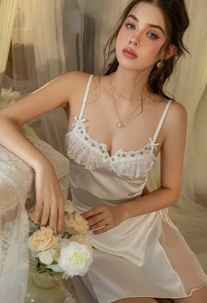 Đầm váy ngủ nữ satin Petuna Dress S2489 cao cấp phối hoa cut out gợi cảm đính hoa phối xuyên thấu Bralettehousevn