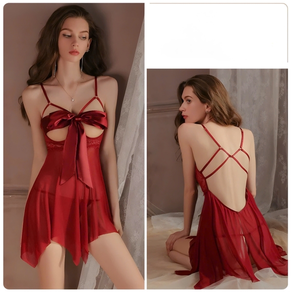 Váy ngủ cột nơ trước ngực Reel Dress S2324 voan ren phối satin siêu gợi cảm quyến rũ kèm quần lọt khe Bralettehousevn