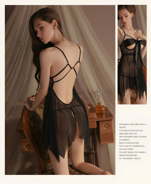 Váy ngủ cột nơ trước ngực Reel Dress S2324 voan ren phối satin siêu gợi cảm quyến rũ kèm quần lọt khe Bralettehousevn