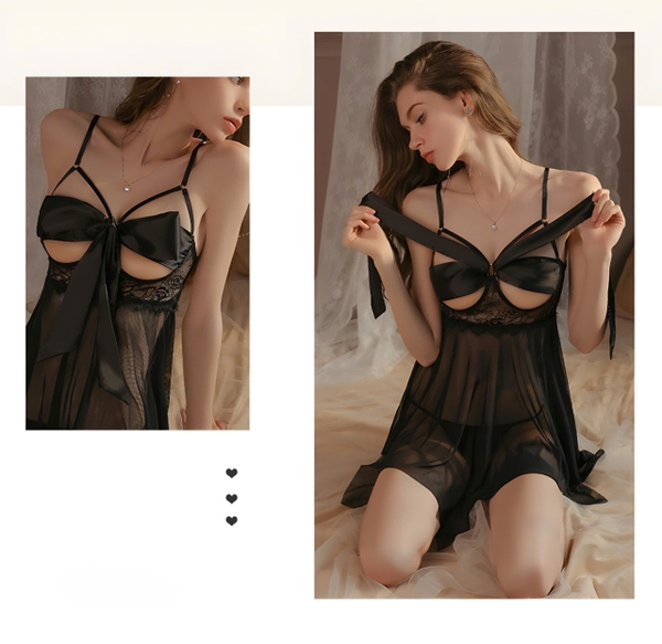 Váy ngủ cột nơ trước ngực Reel Dress S2324 voan ren phối satin siêu gợi cảm quyến rũ kèm quần lọt khe Bralettehousevn